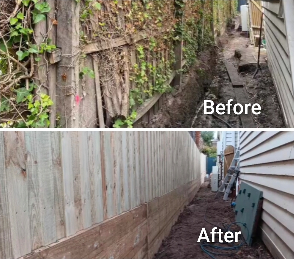 Before and after boundary fence and retaining wall project by Mordy Fencing