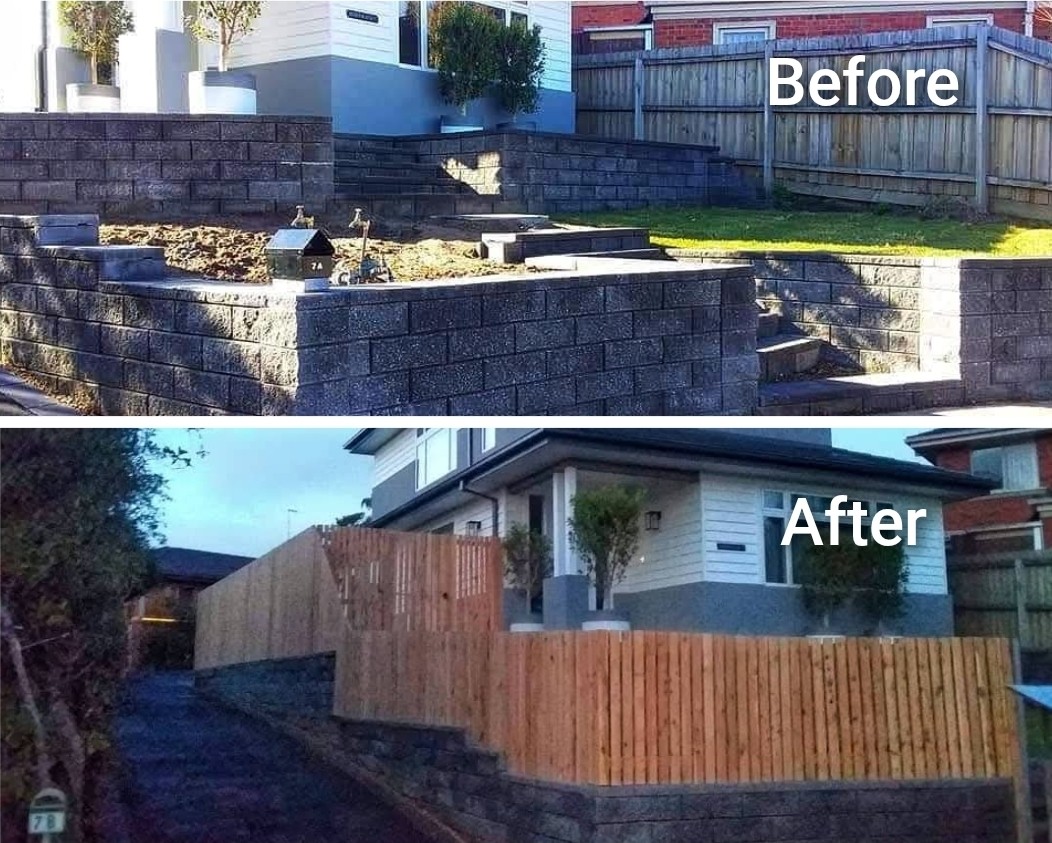Before and after timber paling fence on retaining wall by Mordy Fencing